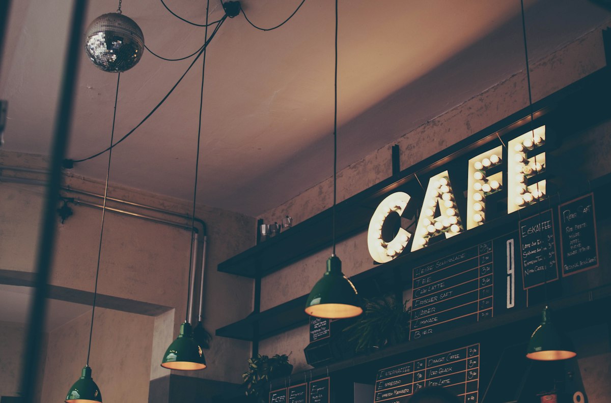 Cafe seating and service counter